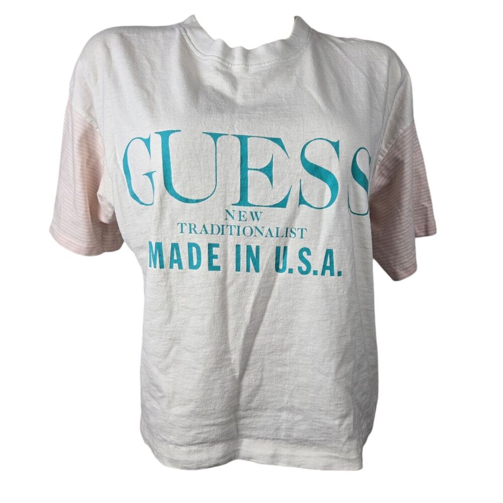 Vtg Guess New Traditionalist White Pink Striped Short Sleeve Crop T-Shirt USA M